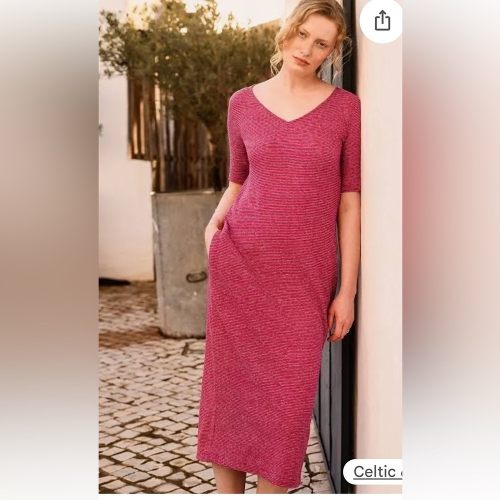 Celtic & Co. Linen Organic Cotton Blend V Neck Midi Dress in Red/Tan Stripe